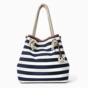Michael Kors Navy & White Striped Canvas Drawstring Rope Shoulder Strep